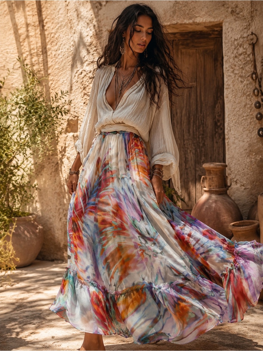 SuperTrash Shea Watercolor Floral Maxi Skirt Small Boho Festival Lined Romantic